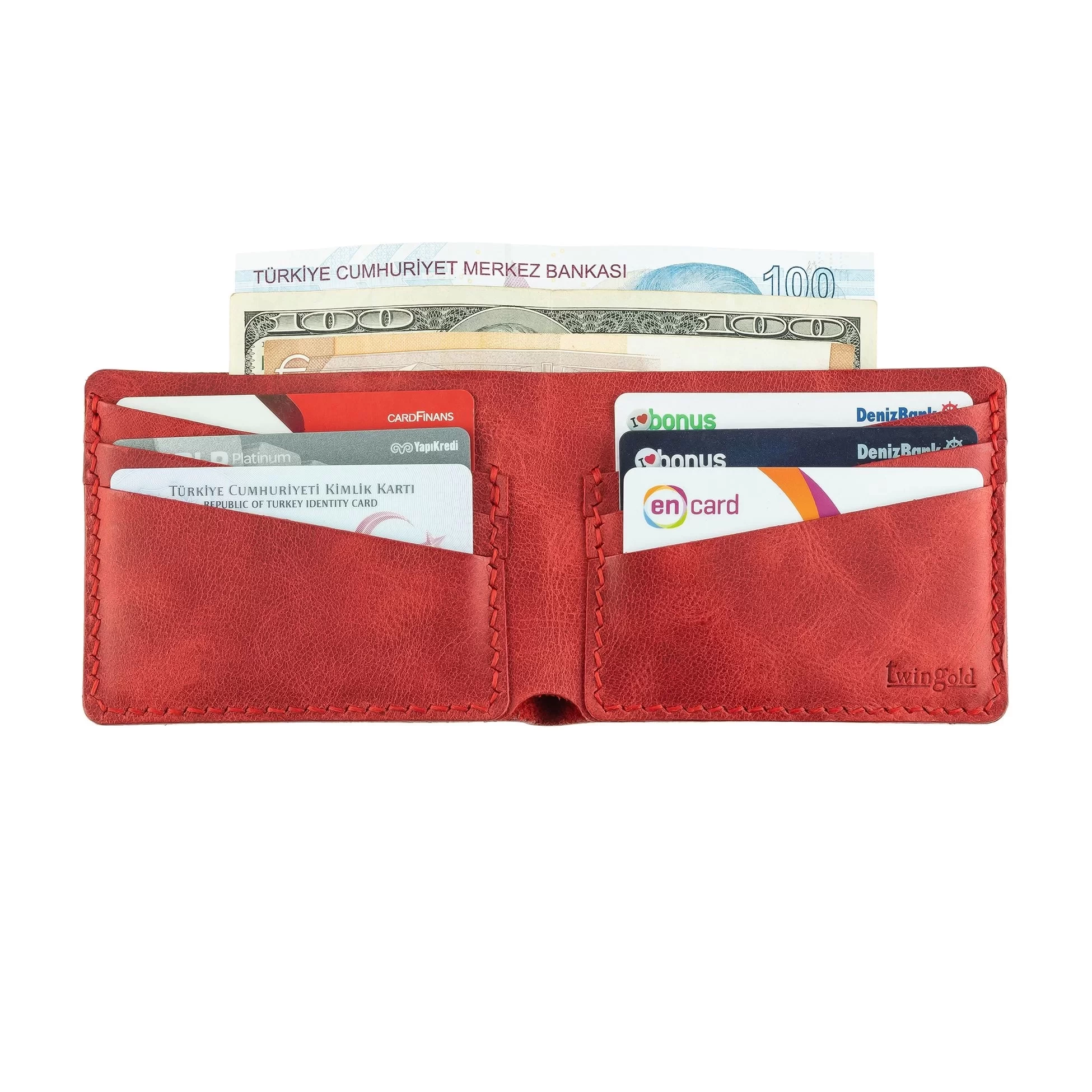 İsme Özel Yatay Klasik Cüzdan - %100 Rainbow Deri - A010001 - Kırmızı