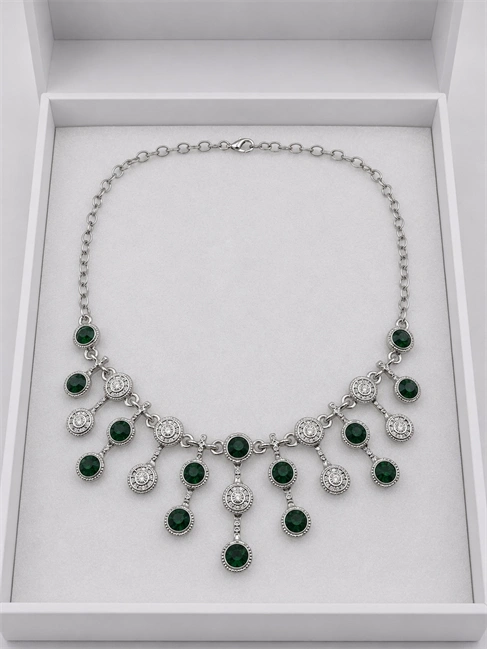 Zümrüt Yeşili Taşlı Otantik Vintage Sarkıt Gerdanlık Kolye