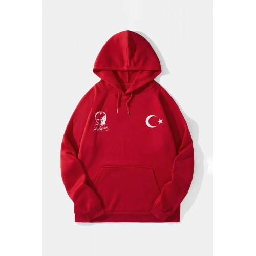 10 Kasıma Özel Üç İplik Kapüşonlu Baskılı SweatShirt - Kırmızı