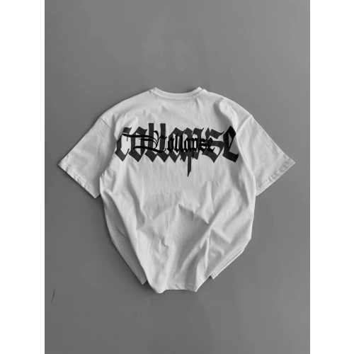 20/1 Penye Compack Baskılı Oversize Bisiklet Yaka Kısa Kol Yazlık T-shirt - Beyaz