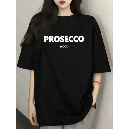 20/1 Penye Compack Baskılı Oversize Kısa Kol Bisiklet Yaka T-shirt - Siyah