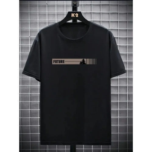 20/1 Penye Compack FUTRE Baskılı Oversize Kısa Kol Bisiklet Yaka T-shirt - Siyah