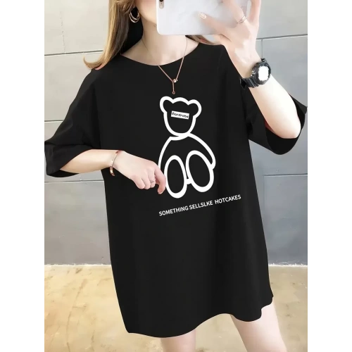 20/1 Penye Compack Ön Arka Baskılı Oversize Bisiklet Yaka T-shirt - Siyah