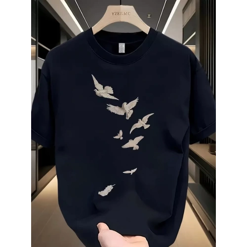 20/1 Penye Compack Özgür kuşlar Baskılı Baskılı Oversize Bisiklet Yaka T-shirt - Beyaz