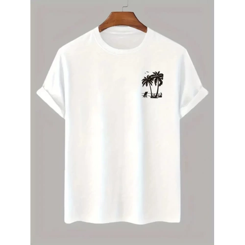 20/1 Penye Compack Palmiye Ön Baskılı Oversize Bisiklet Yaka Kısa Kol Yazlık T-shirt - Beyaz