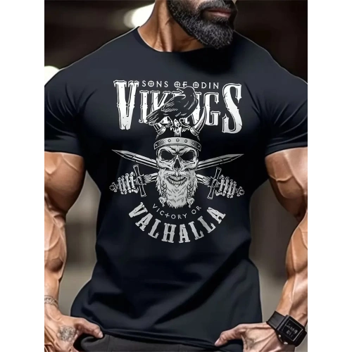 20/1 Penye Compack Vikings Valhalla Baskılı Oversize Bisiklet Yaka T-shirt - Siyah