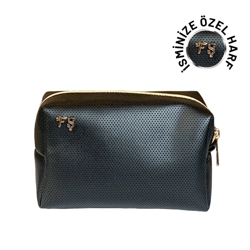 İsme Özel Baş Harfleri ile Kişiselleştirilebilir Makyaj Çantası Siyah