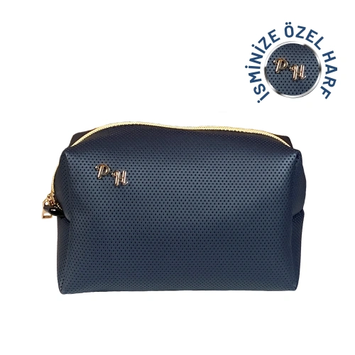 İsme Özel Baş Harfleri ile Kişiselleştirilebilir Makyaj Çantası Lacivert