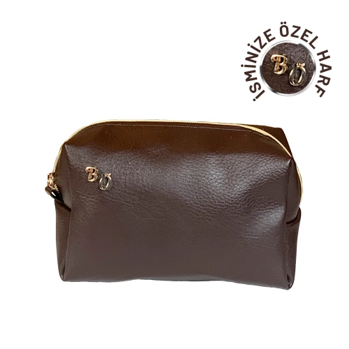 İsme Özel Baş Harfleri ile Kişiselleştirilebilir Makyaj Çantası Kahverengi
