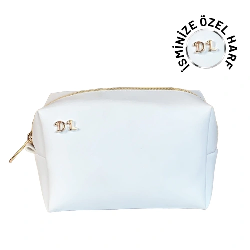 İsme Özel Baş Harfleri ile Kişiselleştirilebilir Makyaj Çantası Beyaz