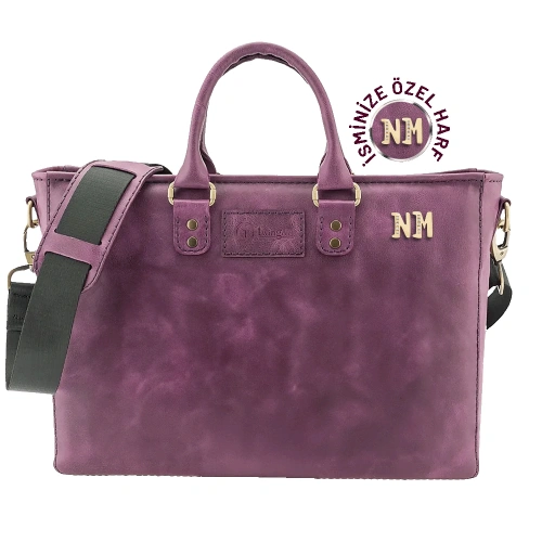 İsme Özel Günlük Kullanım El Omuz Evrak Laptop Çantası - %100 Deri - AC09004 - Mor