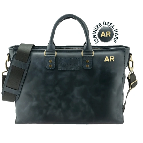 İsme Özel Günlük Kullanım El Omuz Evrak Laptop Çantası - %100 Deri - AC09004 - Lacivert