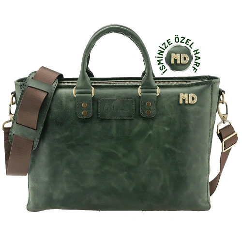 İsme Özel Günlük Kullanım El Omuz Evrak Laptop Çantası - %100 Deri - AC09004 - Haki