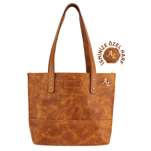 İsme Özel Tote Bag El Omuz Çantası - %100 Rainbow Deri - AC03003 - Camel