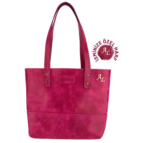 İsme Özel Tote Bag El Omuz Çantası - %100 Rainbow Deri - AC03003 - Fuşya