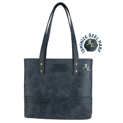 İsme Özel Tote Bag El Omuz Çantası - %100 Rainbow Deri - AC03003 - Lacivert