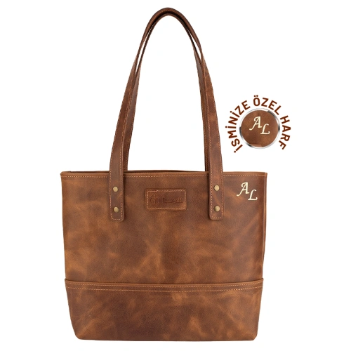 İsme Özel Tote Bag El Omuz Çantası - %100 Rainbow Deri - AC03003 - Kahverengi