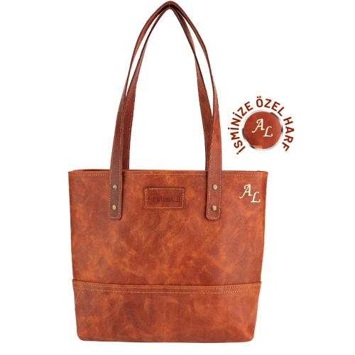 İsme Özel Tote Bag El Omuz Çantası - %100 Rainbow Deri - AC03003 - Tobacco