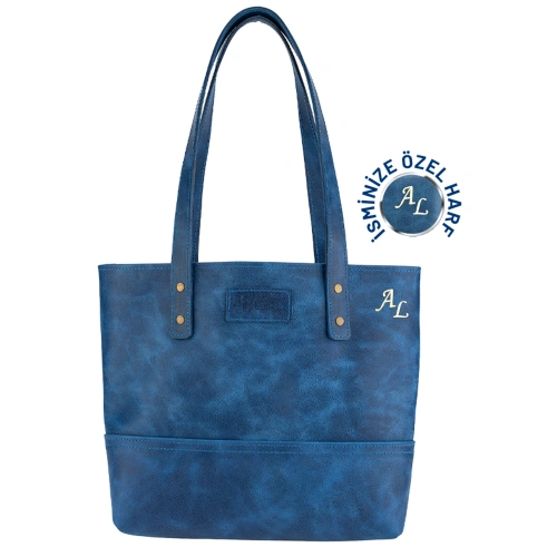 İsme Özel Tote Bag El Omuz Çantası - %100 Rainbow Deri - AC03003 - Saks Mavisi