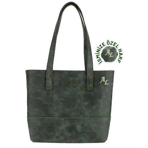 İsme Özel Tote Bag El Omuz Çantası - %100 Rainbow Deri - AC03003 - Haki