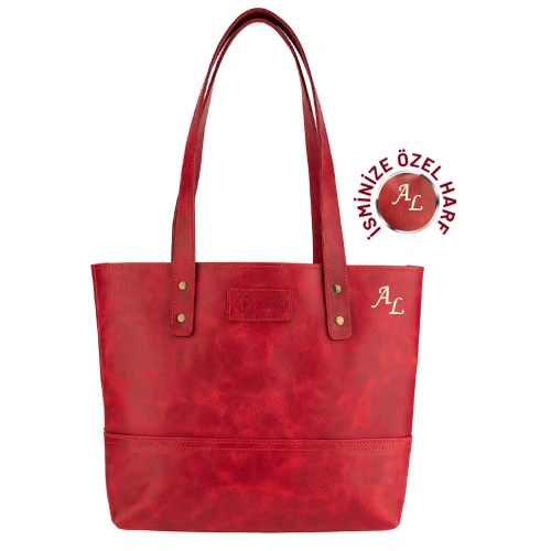 İsme Özel Tote Bag El Omuz Çantası - %100 Rainbow Deri - AC03003 - Kırmızı
