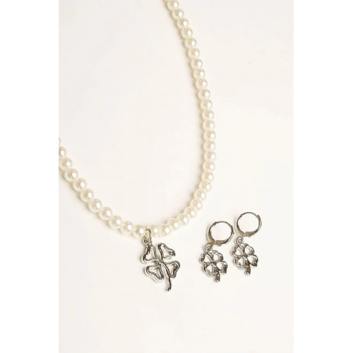 Yonca Tasarımlı İnci Boncuklu Kolye Küpe Takım