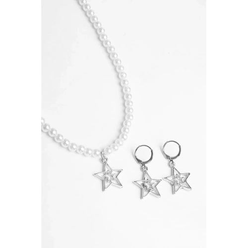 İç içe Yıldız Tasarımlı İnci Boncuklu Kolye Küpe Takım