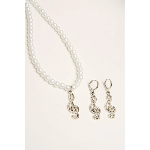 Sol Anahtarı Tasarımlı İnci Boncuklu Kolye Küpe Takı Seti