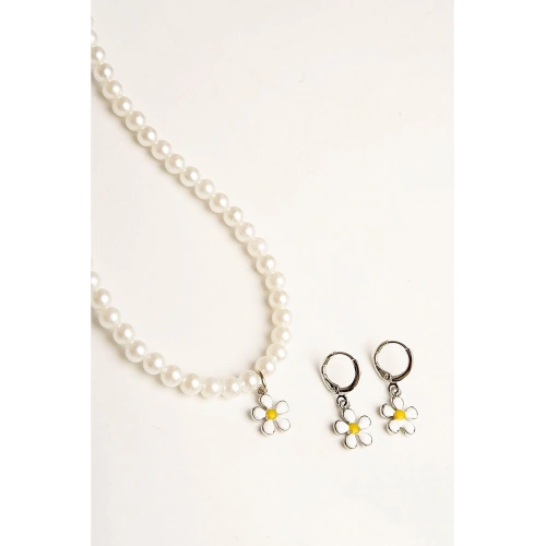 Papatya Tasarımlı İnci Boncuklu Kolye Küpe Takı Seti