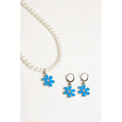 Çiçek Tasarımlı İnci Boncuklu Kolye Küpe Takı Seti