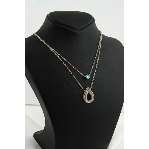 Damla Tasarımlı Nazar Figürlü Zirkon Taşlı Gold Renkli 2li Kolye