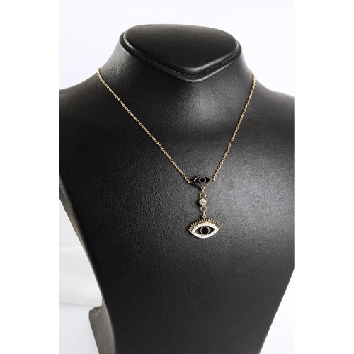 Çelik Göz Tasarımlı Zirkon Taşlı Gold ve Gümüş Renkleri Çelik Kolye