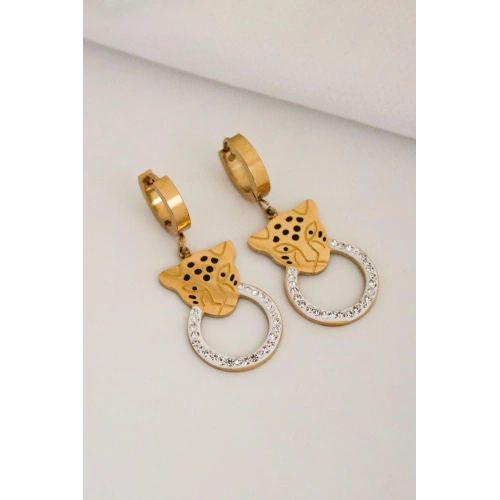 Kaplan Tasarımlı Zirkon Taşlı Gold ve Gümüş Kaplamalı Çelik Sallantılı Küpe