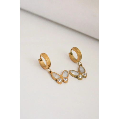 Kelebek Tasarımlı Sedef Taşlı Gold ve Gümüş Kaplamalı Çelik Sallantılı Küpe