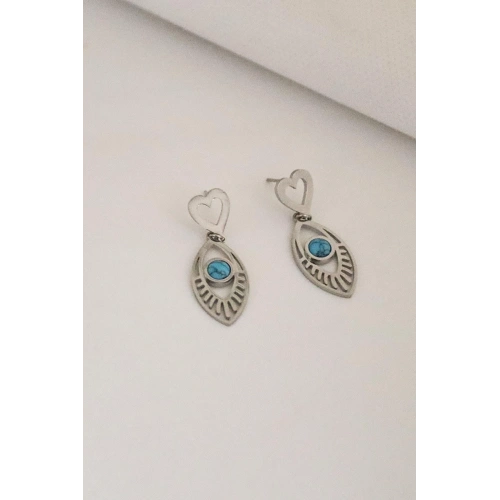 Kalpli Göz Tasarımlı Boncuklu Gold ve Gümüş Kaplamalı Çelik Vidalı Sallantılı Küpe