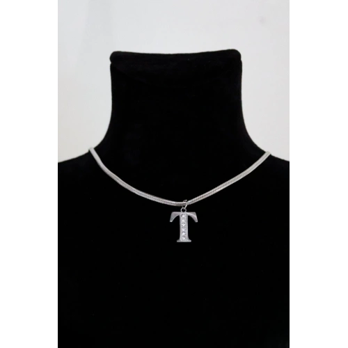 T Harfi Tasarımlı İtalyan Zincirli Zirkon Taşlı Çelik Kolye