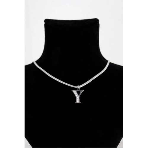 Y Harfi Tasarımlı İtalyan Zincirli Zirkon Taşlı Çelik Kolye