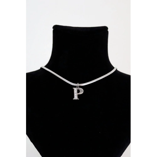 P Harfi Tasarımlı İtalyan Zincirli Zirkon Taşlı Çelik Kolye
