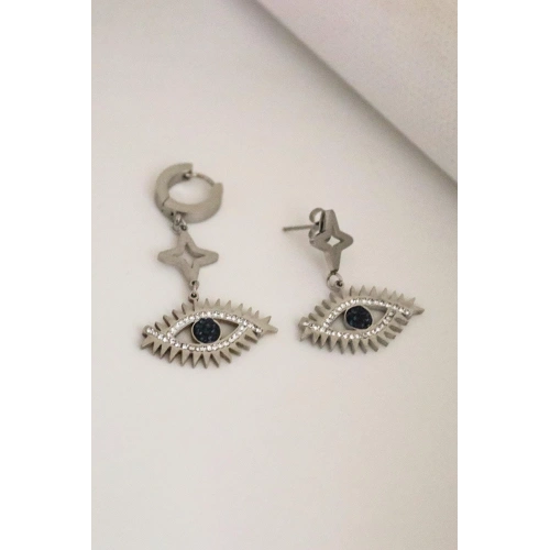 Göz Tasarımlı Zirkon Taşlı Gold ve Gümüş Kaplamalı Çelik Sallantılı ve Vidalı Küpe