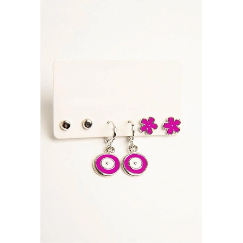 Nazar ve Çiçek Tasarımlı Top Küpeli 3lü Küpe Seti