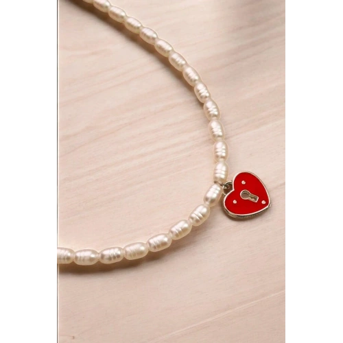 Kalp Tasarımlı Sedef Renkli Oval İncili Tasarımlı Kolye Küpe Takı Seti