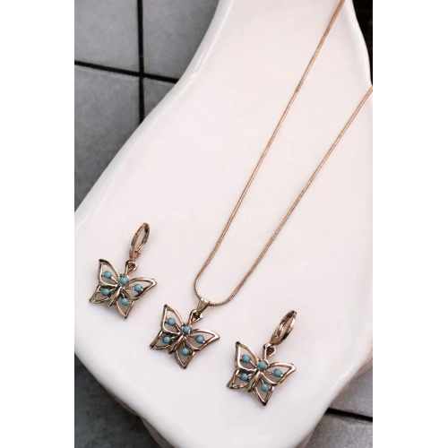 Gümüş Renkli Kelebek Tasarımlı Kolye Küpe Takı Seti