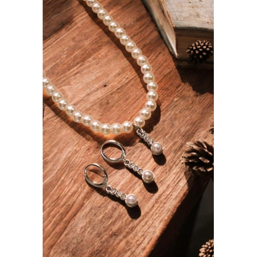 Damla Tasarımlı Siyah ve Zirkon Taşlı 6mm İnci Kolye Küpe Bijuteri Takım Seti