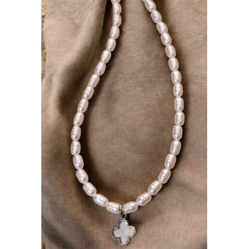 Desenli İncili Van Cleef Tasarımlı Gümüş Kaplamalı İnci Kolye