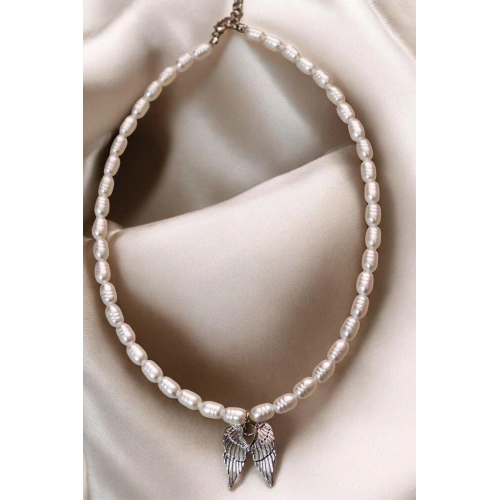 Desenli İncili Melek Tasarımlı Gümüş Kaplamalı İnci Kolye