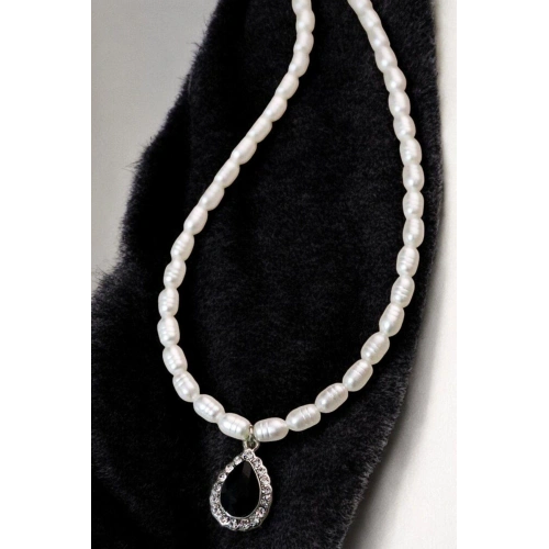 Desenli İncili Damla Zirkon Taşlı Tasarımlı Gümüş Kaplamalı İnci Kolye