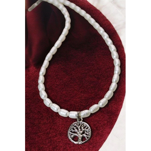 Desenli İncili Yaşam Ağacı Tasarımlı Gümüş Kaplamalı İnci Kolye