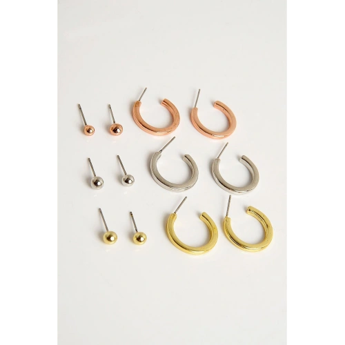 Gold Gümüş ve Rose Renkleri Halka ve Top Küpe Seti