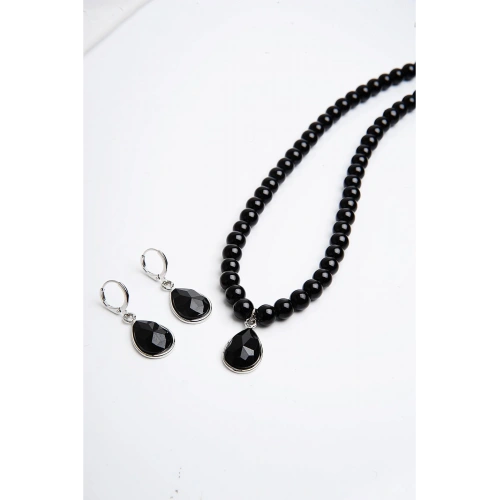 Siyah İncili Damla Tasarımlı Kolye Küpe İnci Takımı