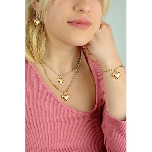 Kalp Tasarımlı 2li Zincirli Kolye Küpe Bileklik Takımı